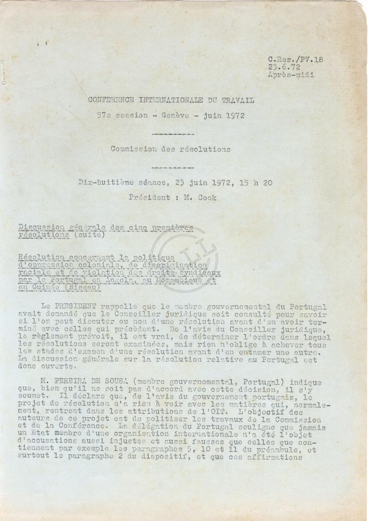 Discussão das 5 primeiras resoluções na Conf. Int. do Trabalho em Genebra