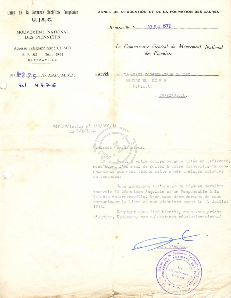Carta de Jean-Pierre Ngombe (UJSC) a Lúcio Lara