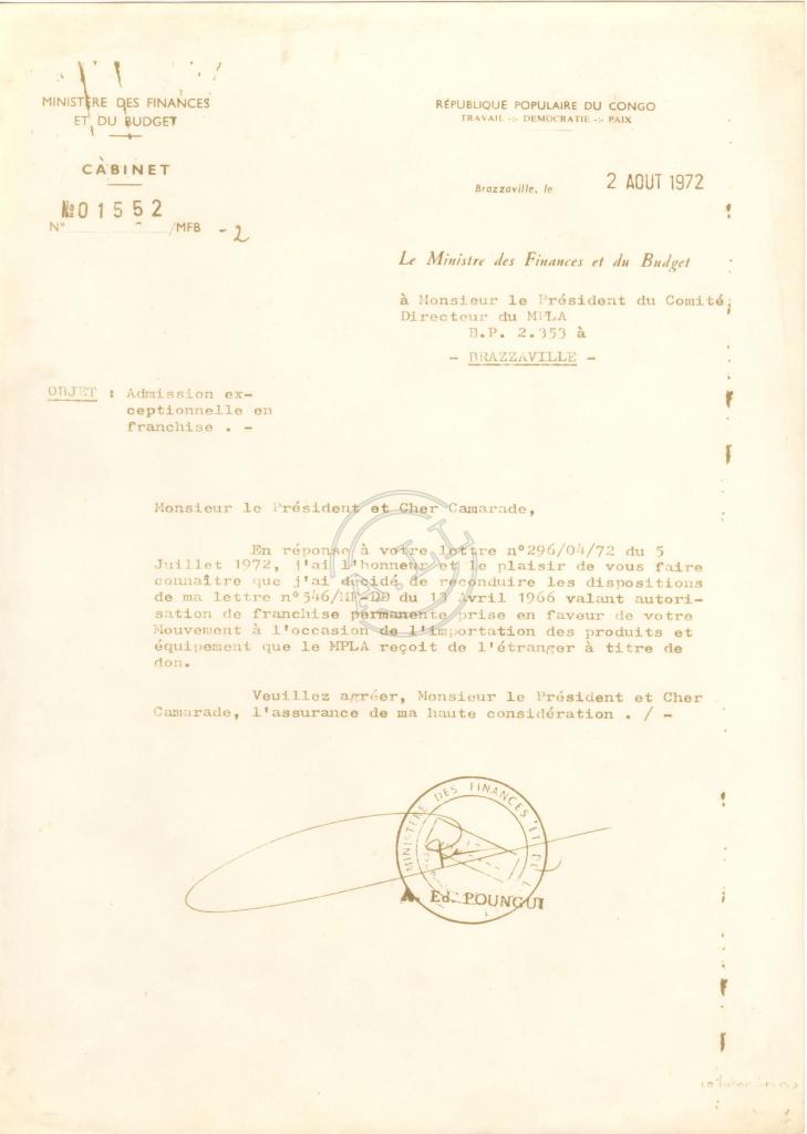 Carta de Poungui (Min. das Finanças do Congo) ao CD do MPLA