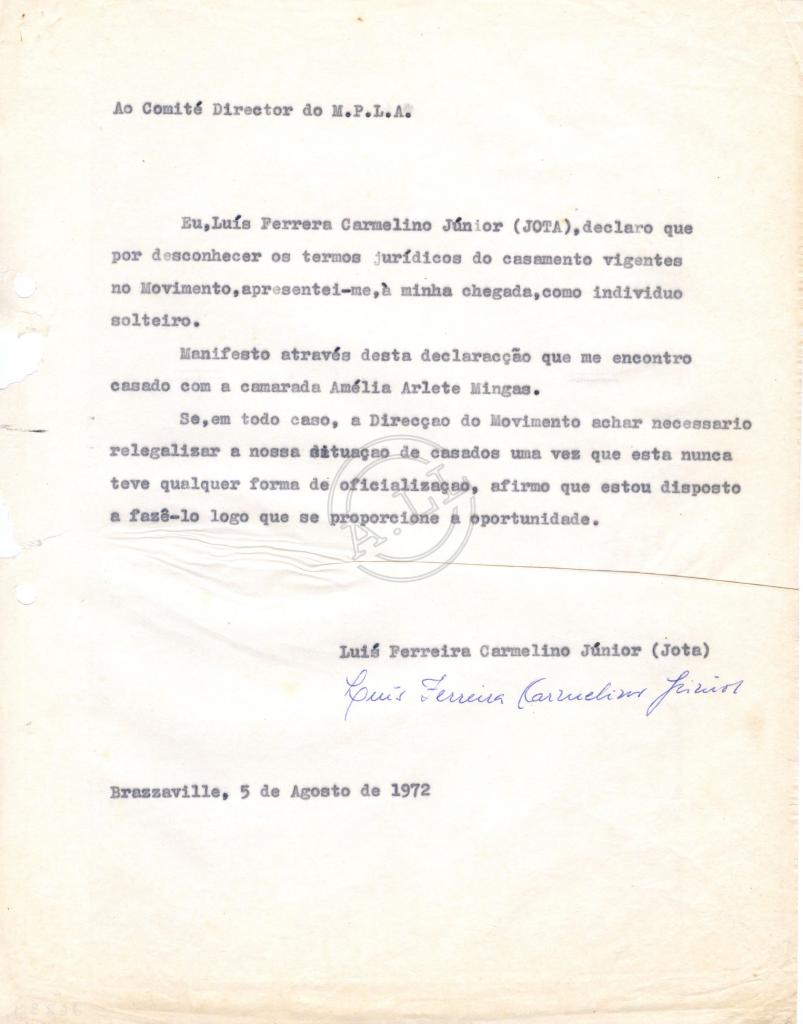 Carta de Luís F. C. Júnior (Jota) ao CD do MPLA