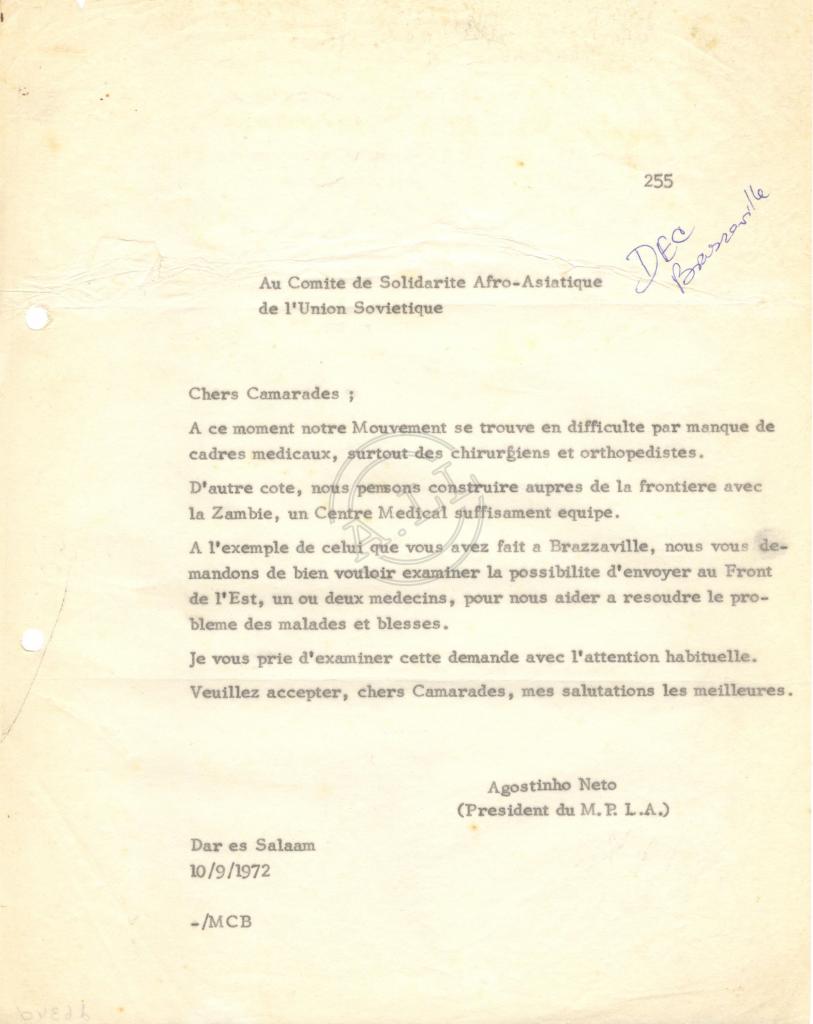 Carta de Agostinho Neto ao Comité de Solidariedade Afro-asiatico da URSS
