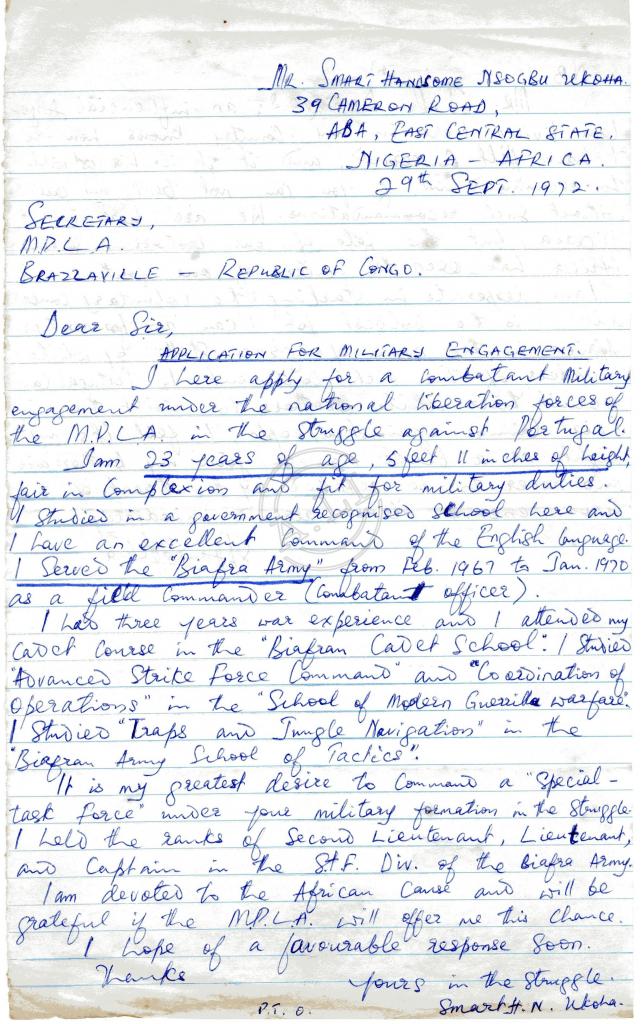 Carta de Smart H. N. Ukoha ao Secretário do MPLA