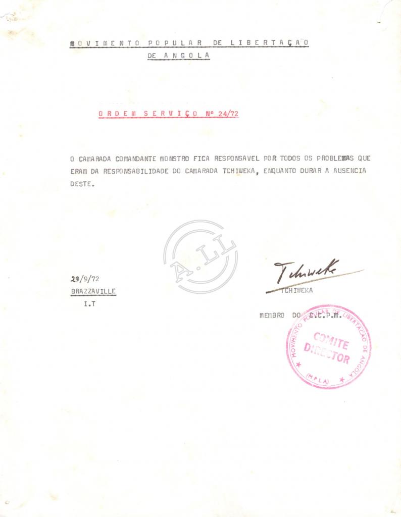 Ordem de serviço nº 24/72, assinada por Tchiweka