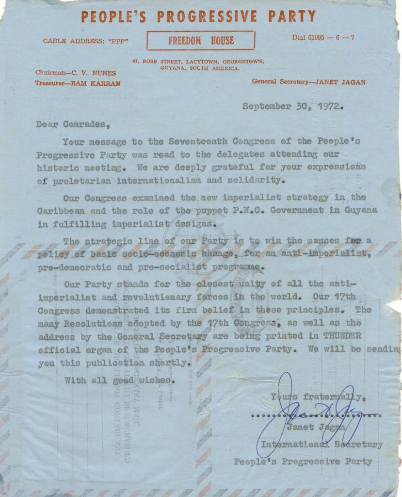 Carta de Janet Jagan (People’s Progressive Party) ao CD do MPLA