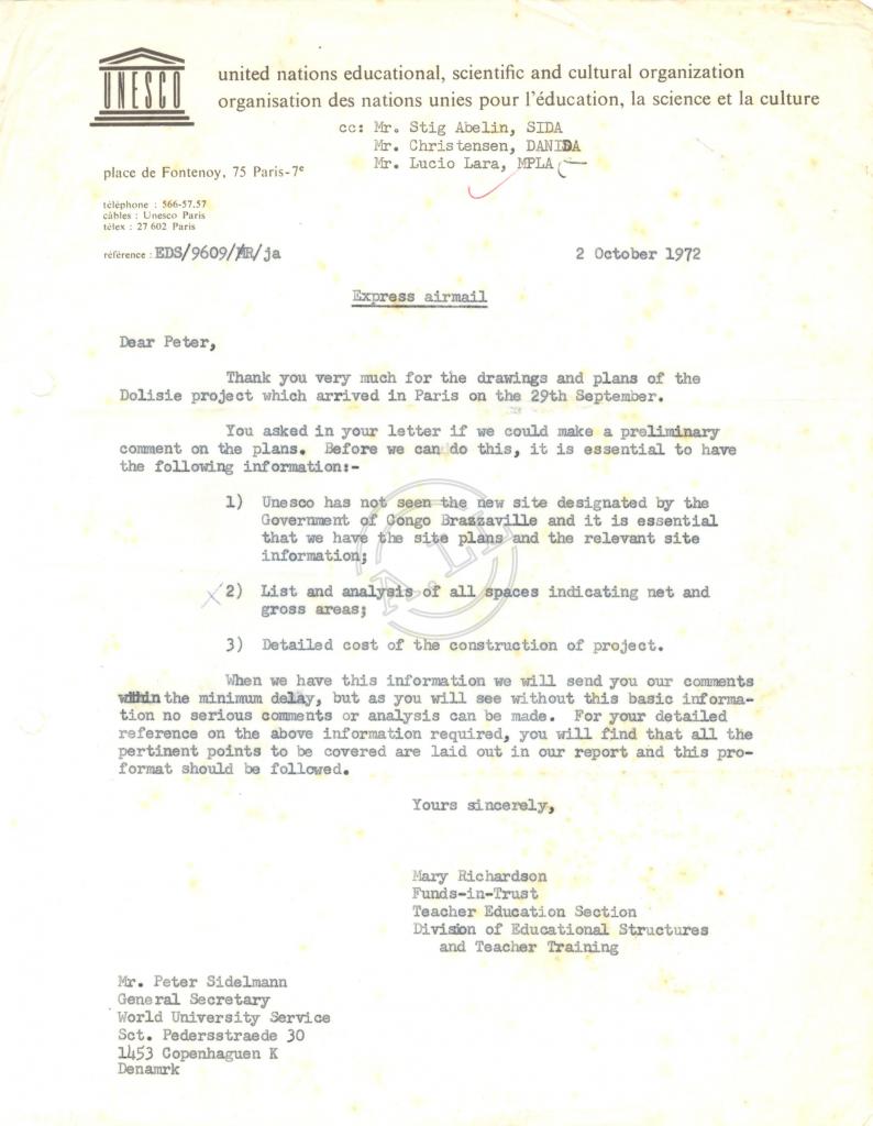 Carta de Mary Richardson (UNESCO) a Peter Sidelman