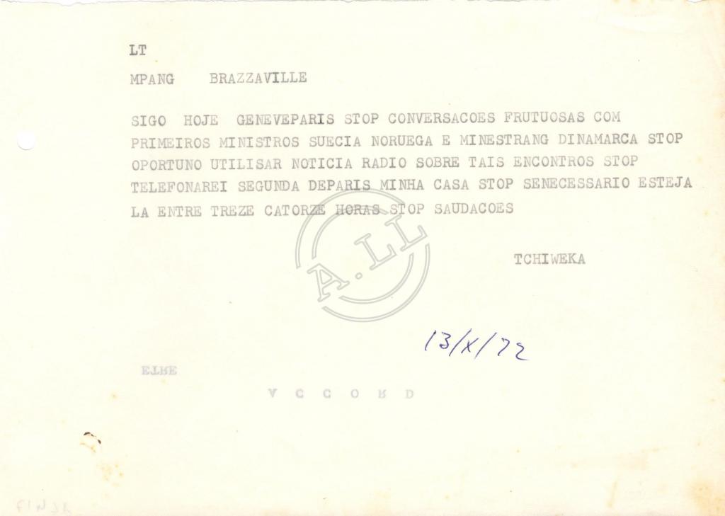 Telegrama de Tchiweka a Mpang