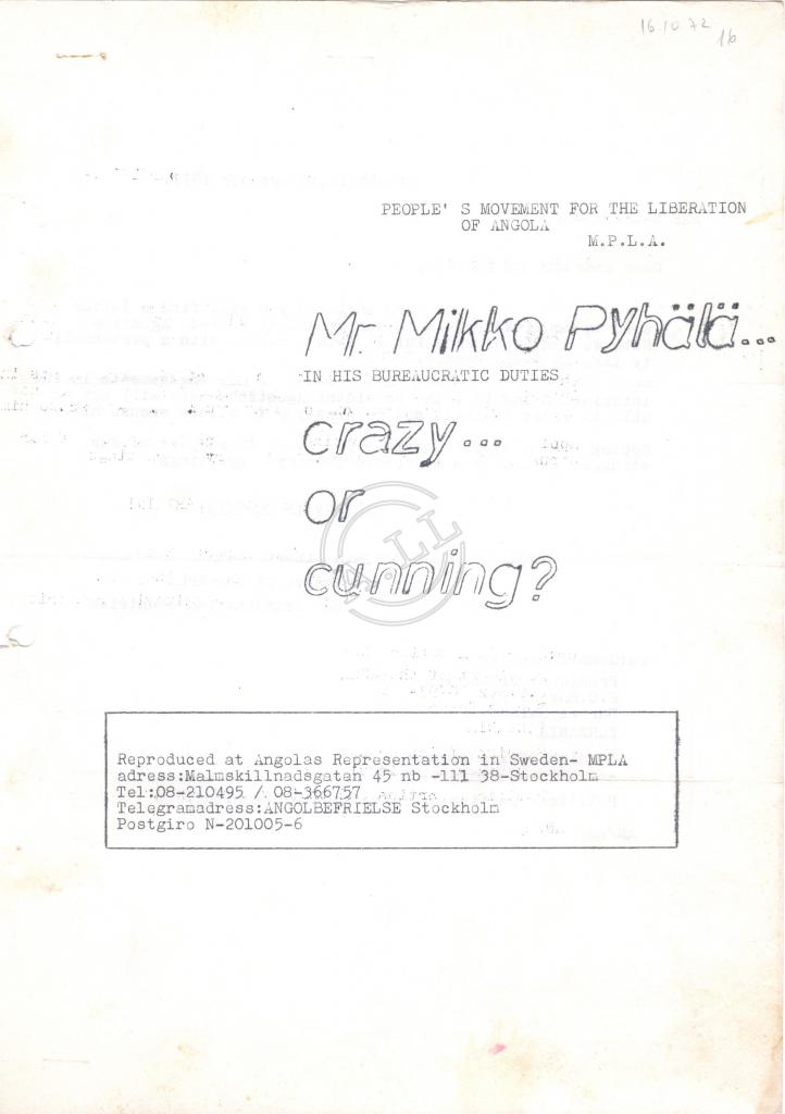 Carta de Mikko Pyhälä a Agostinho Neto