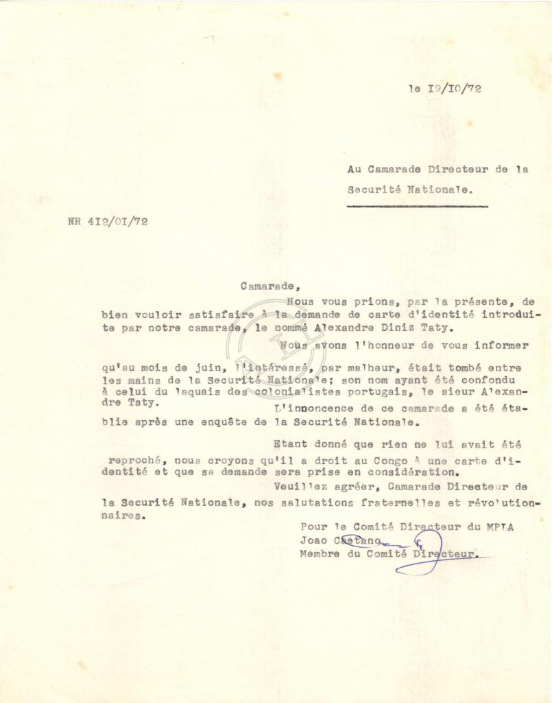 Carta de João Caetano ao Director da Segurança Nacional do Congo