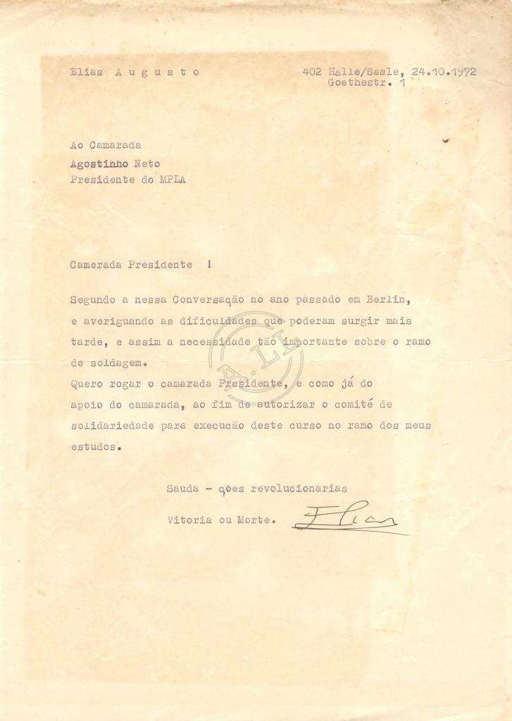 Carta de Elias Augusto a Agostinho Neto