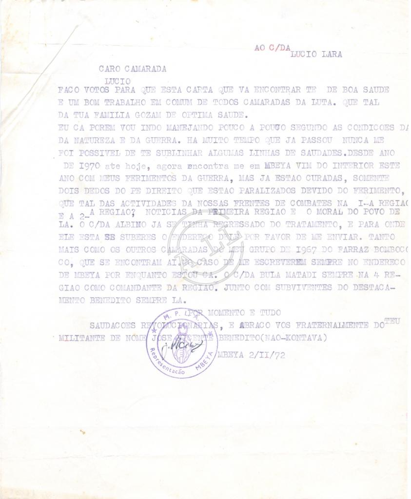 Carta de José Vicente Benedito «Não Kontava» a Lúcio Lara