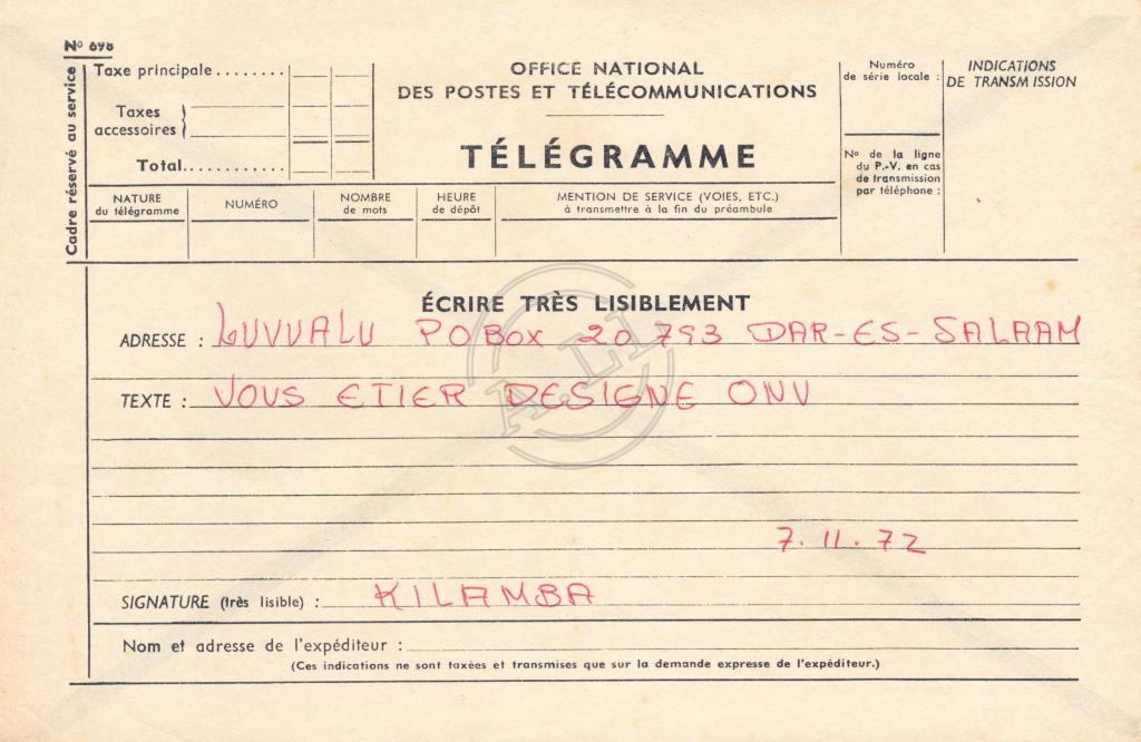 Telegrama de Kilamba a Luvualo