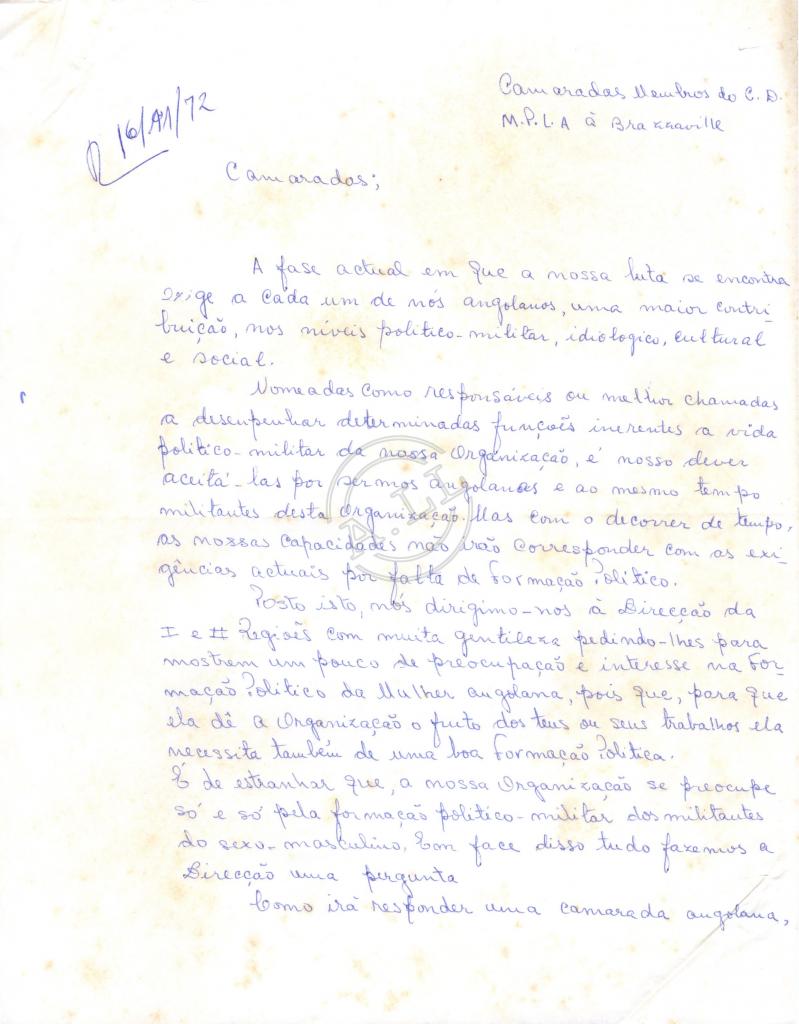 Carta De Maria Paím E Engrácia Fragoso Ao CD Do MPLA | Associação ...