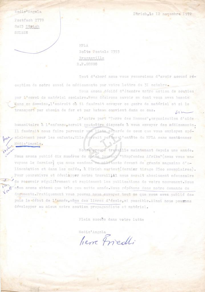 Carta do Medic’ Angola ao MPLA, assinada por Pierre Friedli?
