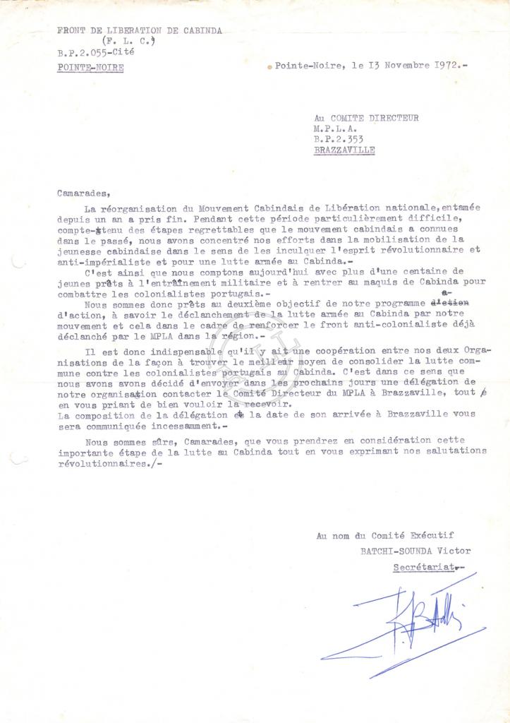 Carta de Victor Batchi-Sounda (FLC) ao CD do MPLA, assinada