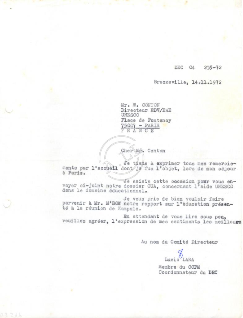 Carta de Lúcio Lara a W. Conton (EDV/EAE - UNESCO)