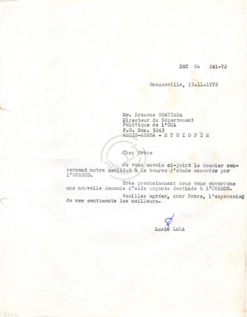 Carta de Lúcio Lara a Dramane Ouatarra (OUA)