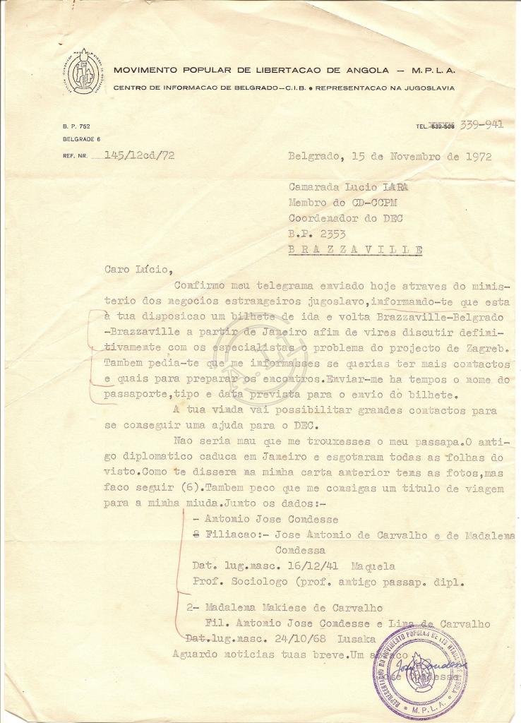 Carta de José Condesse a Lúcio Lara
