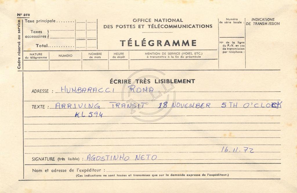 Telegrama de Agostinho Neto a Humbaraci