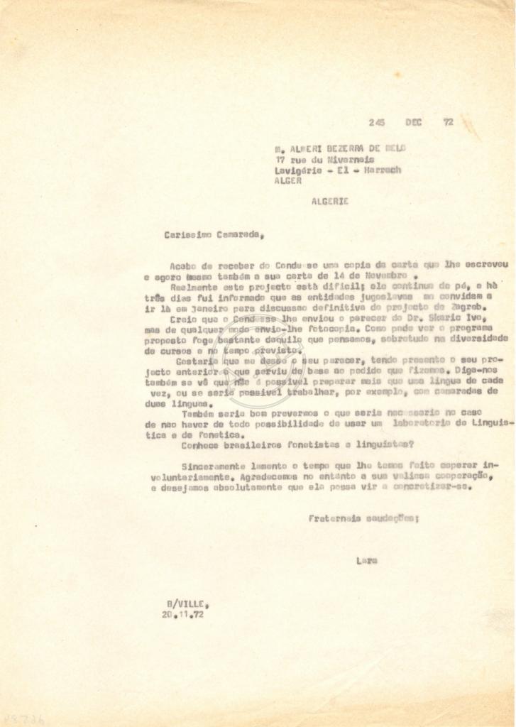 Carta de Lúcio Lara (245/DEC/72) a Almeri Bezerra de Melo
