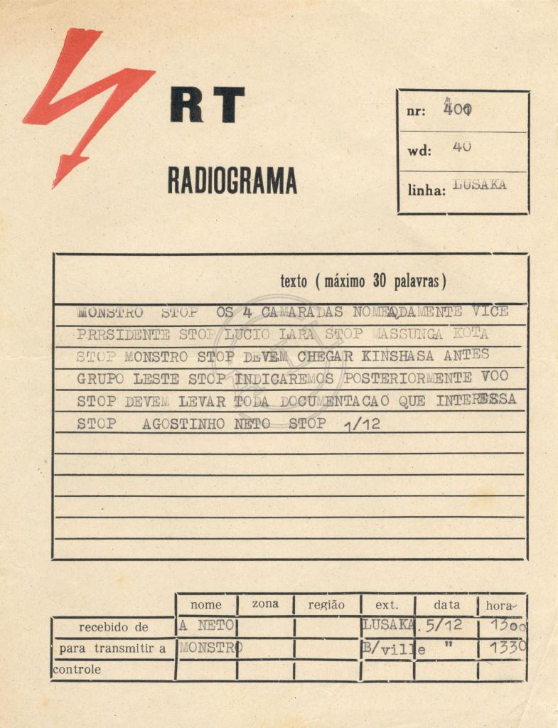 Radiograma nº 400 de Agostinho Neto a Monstro