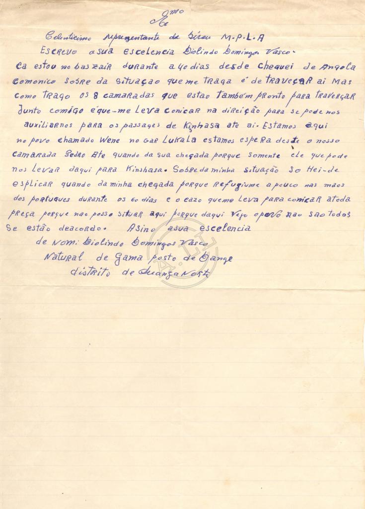 Carta de Deolindo D. Vasco ao representante do MPLA