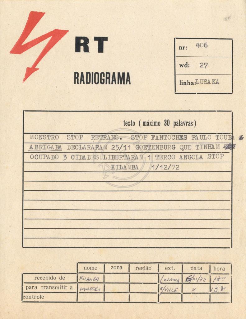 Radiograma nº 406 de Kilamba a Monstro