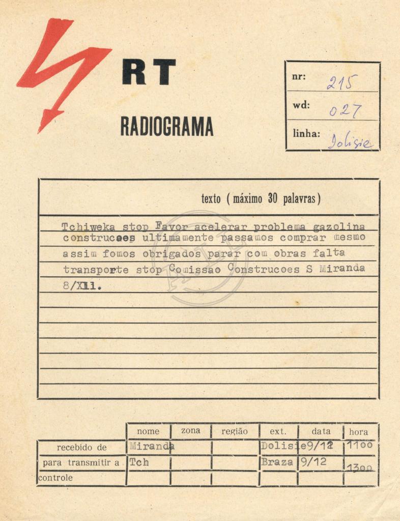 Radiograma nº 215 de Miranda a Tchiweka