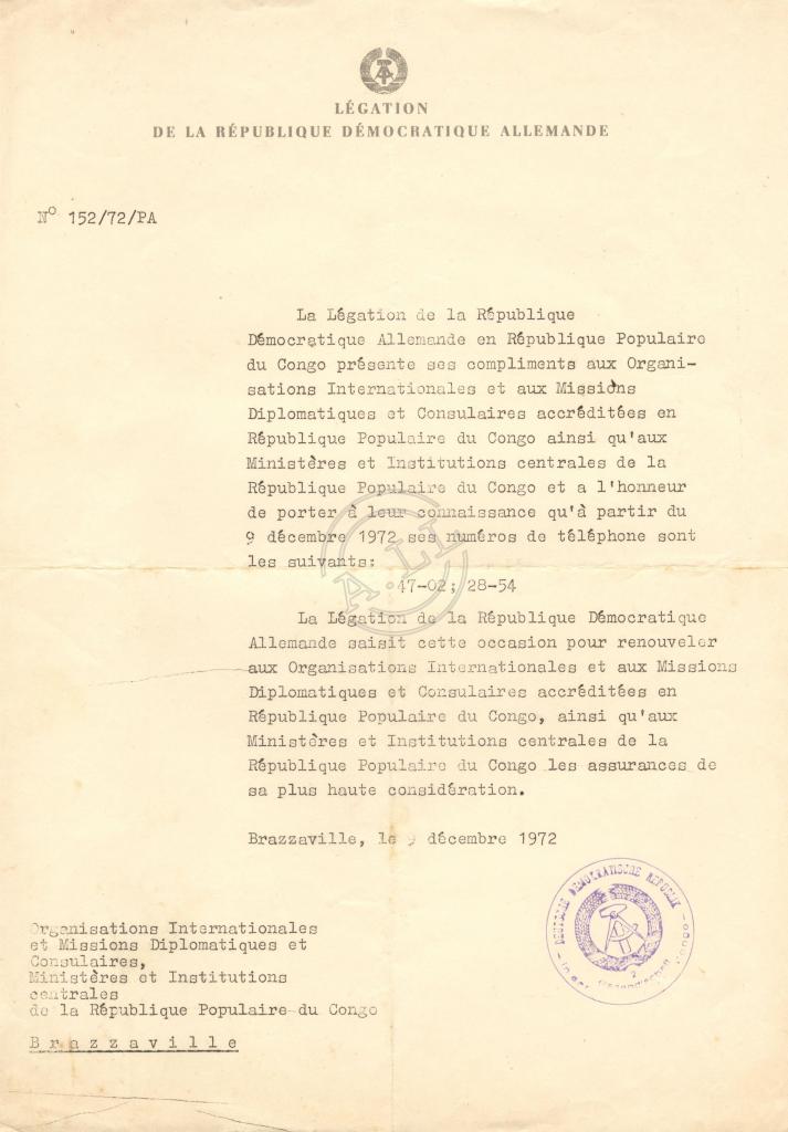 Carta de «Légation» da RDA no Congo