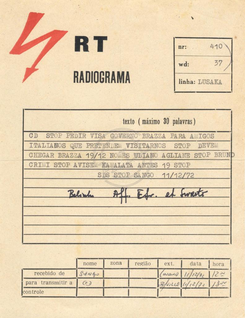 Radiograma nº 410 de Sango ao CD do MPLA