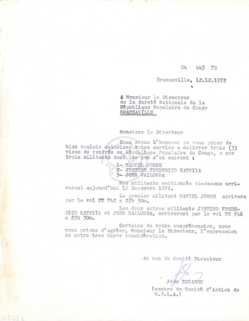 Carta (04/445/72) de José Eduardo à Segurança Nacional