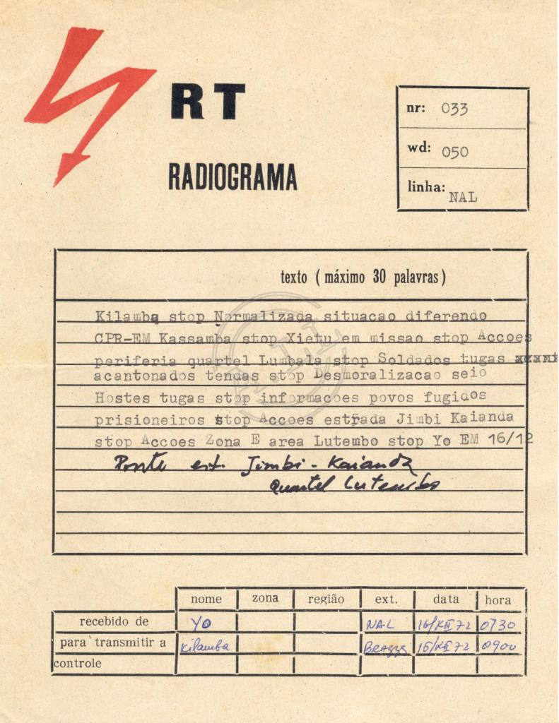 Radiograma nº 033 de Yo (NAL) a Kilamba