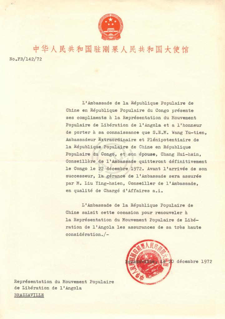 Carta do Embaixador da China ao MPLA