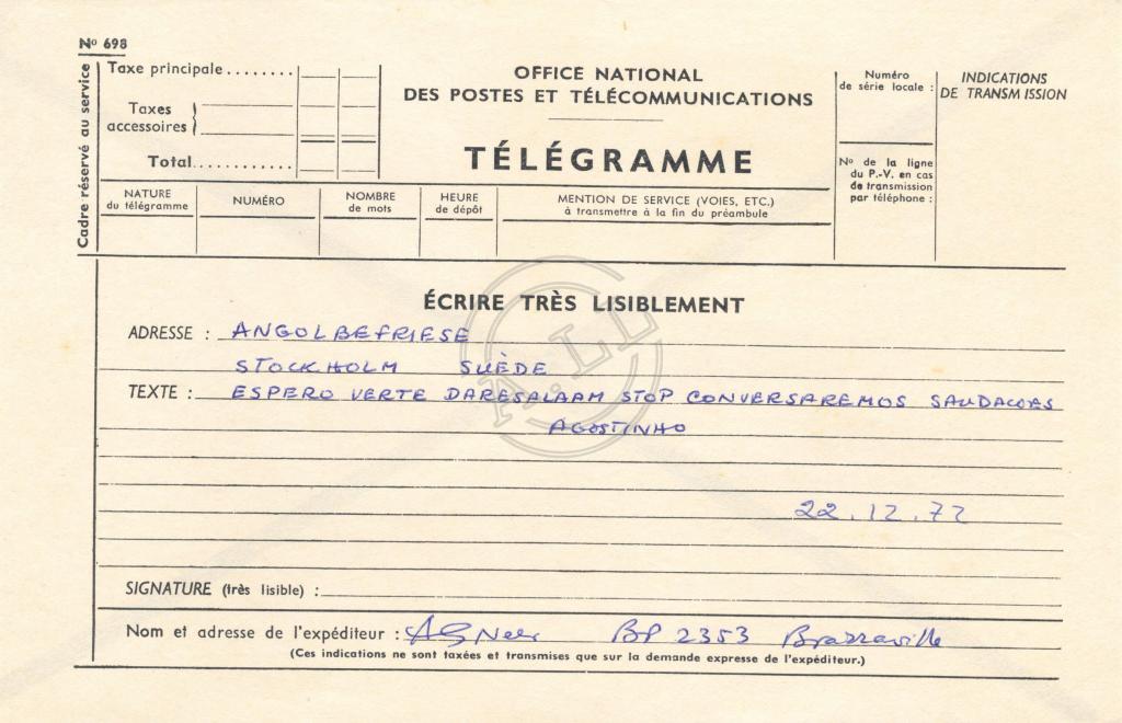 Telegrama de Agostinho Neto a Alberto Neto (Angolbefriese)