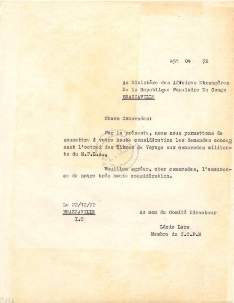 Carta (451/04/72) de Lúcio Lara ao Min. dos Neg. Estrang. da R.P.Congo