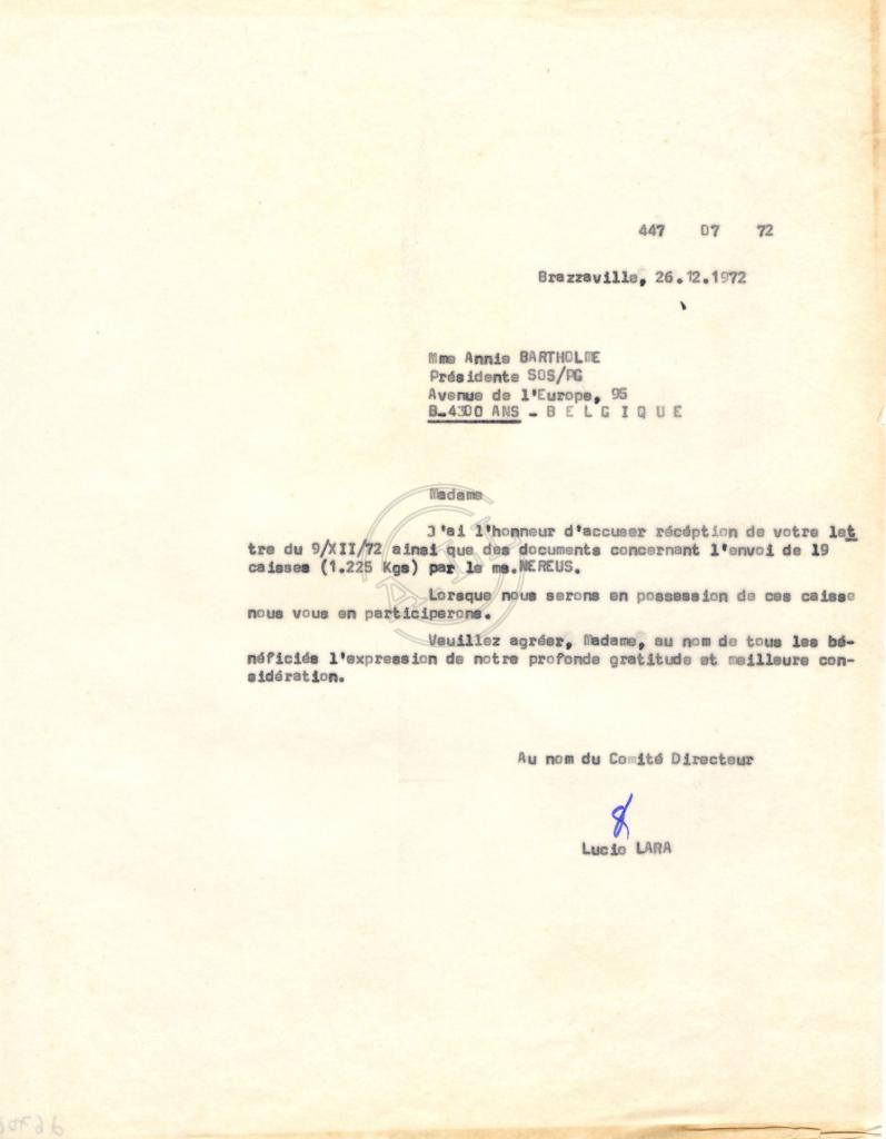 Carta (447/07/72) de Lúcio Lara ao Annie Bartholmé (SOS/PG)