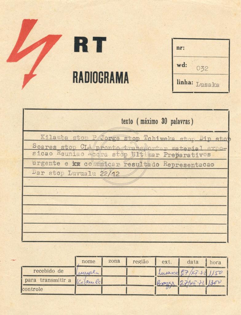 Radiograma de Luvualu a Kilamba
