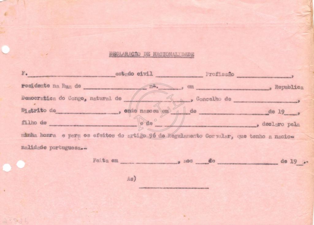Modelo de Declaração de nacionalidade portuguesa na Rep. Dem. do Congo