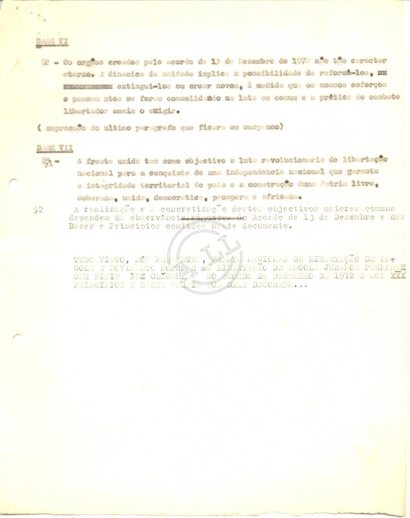 «Bases e princípios da Unidade realizada pelo Acordo de 13/12/72…»
