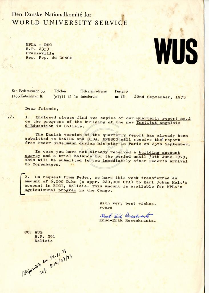 Carta de Knud-Erik Rosenkrantz (WUS) ao MPLA-DEC