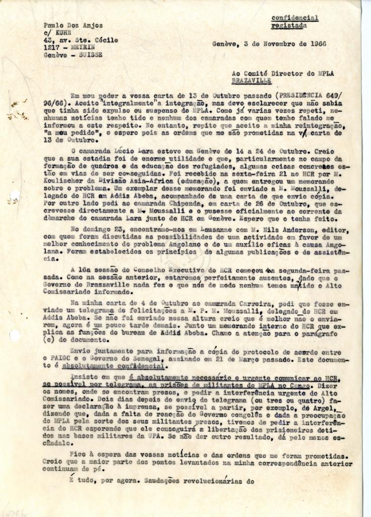 Carta de Paulo dos Anjos ao Comité Director do MPLA