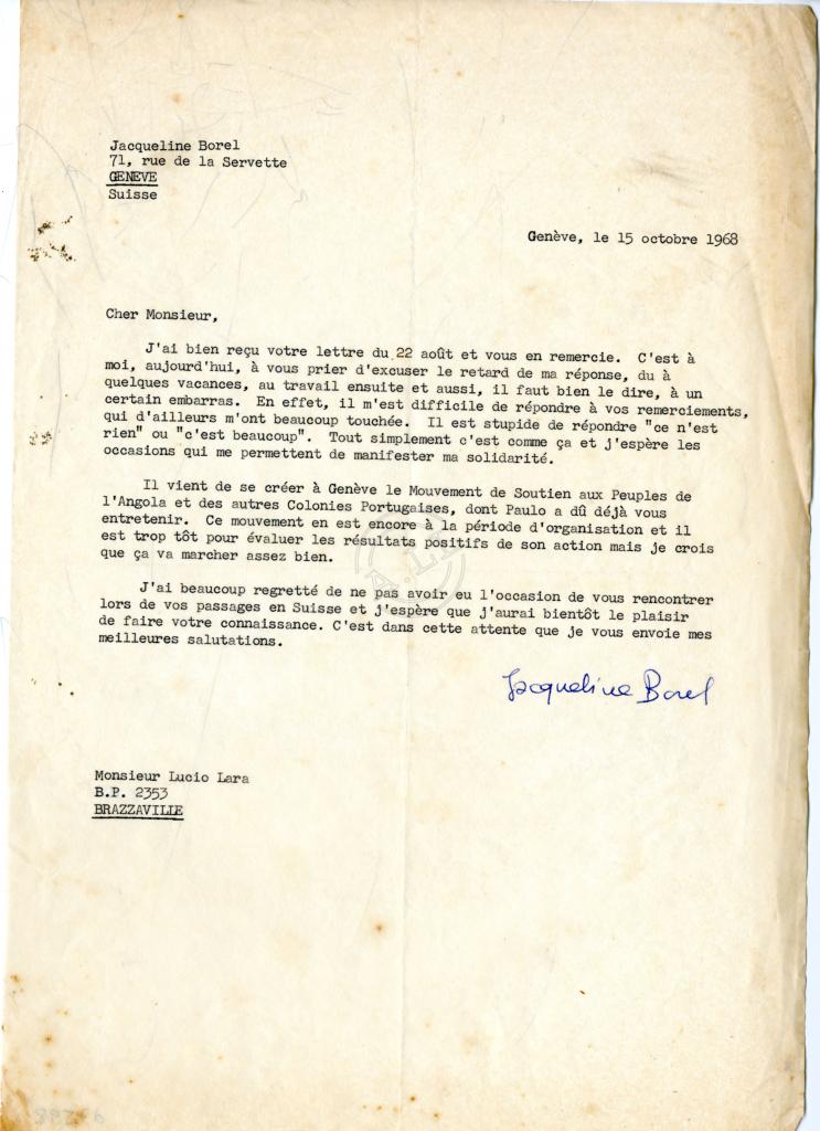 Carta de Jacqueline Borel a Lúcio Lara