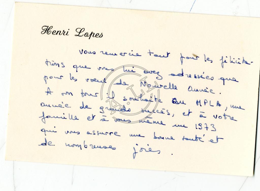 Cartão de boas festas de Henri Lopes a Lúcio Lara