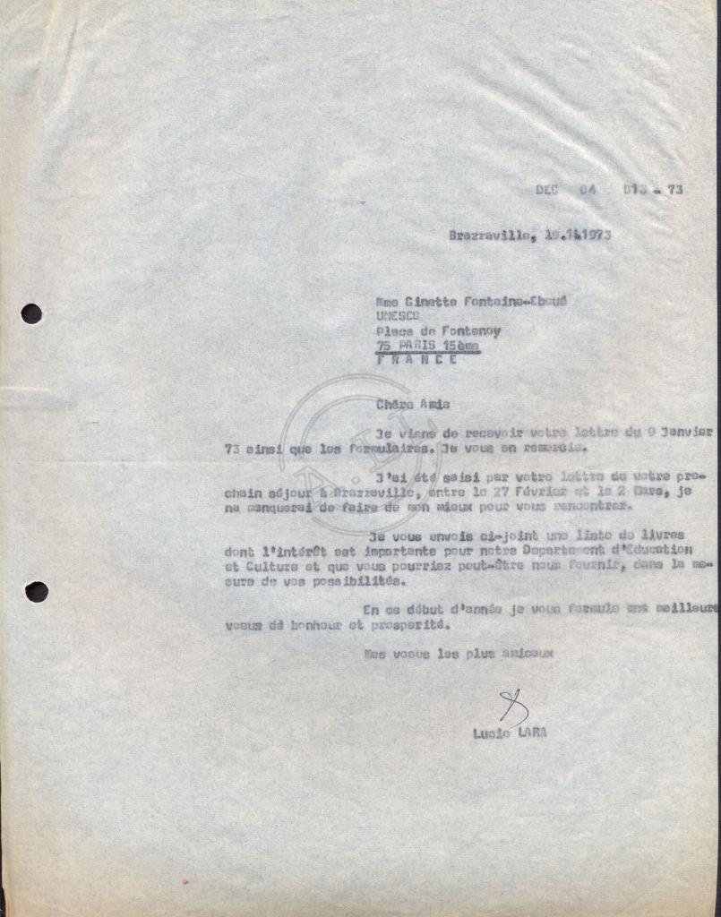 Carta de Lúcio Lara a Ginette Fontaine-Eboué (UNESCO - Paris)