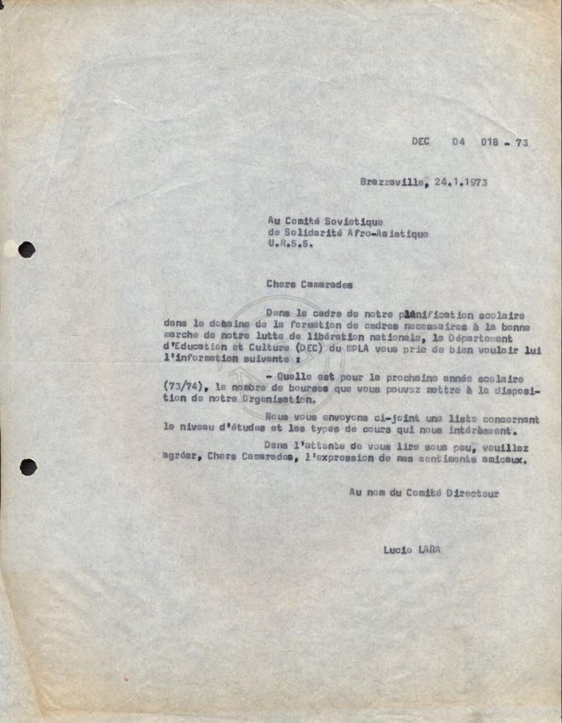 Carta de Lúcio Lara ao Comité Soviético de Solidariedade afro-asiático