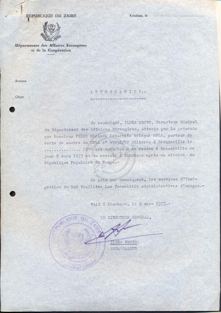 Certificado assinado por Ileka Mboyo para Miranda Sebastião