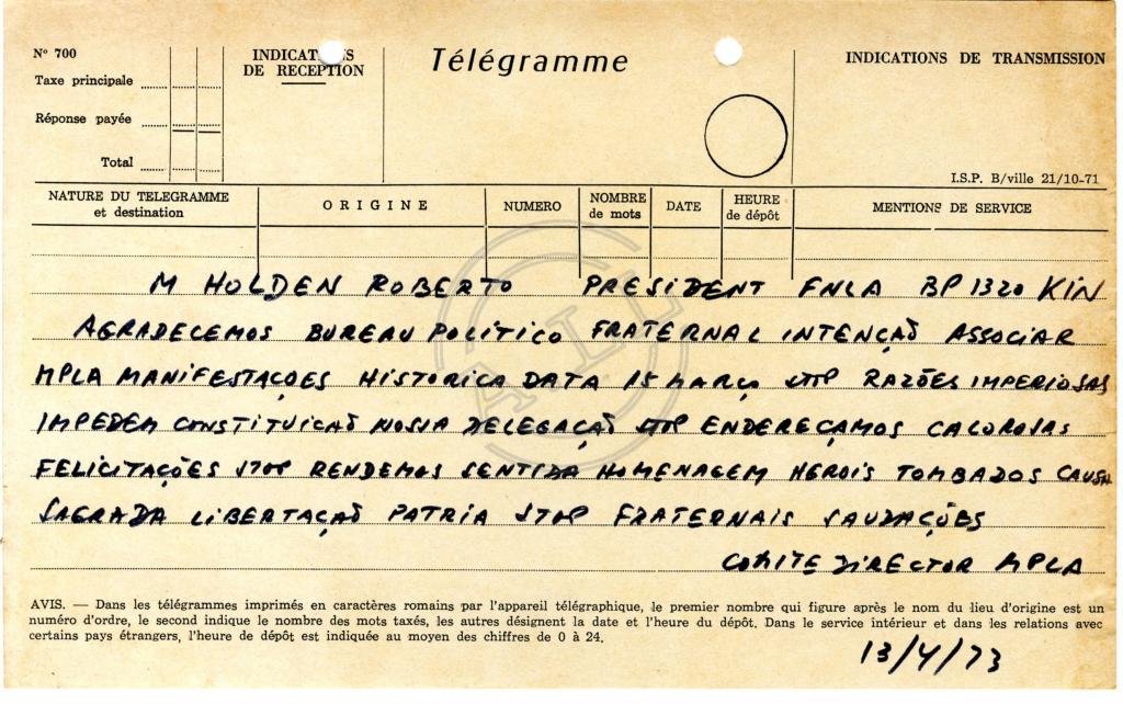 Telegrama do Comité Director do MPLA a Holden Roberto