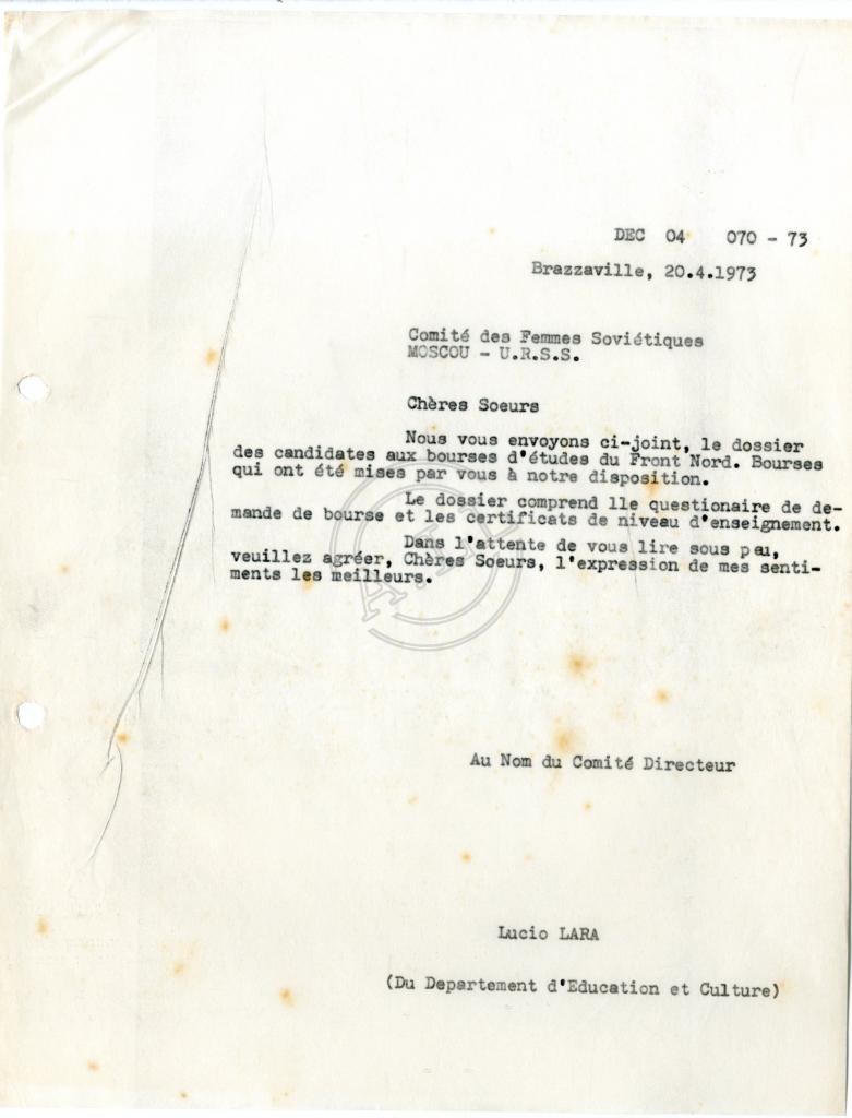 Carta de Lúcio Lara ao Comité das Mulheres Soviéticas