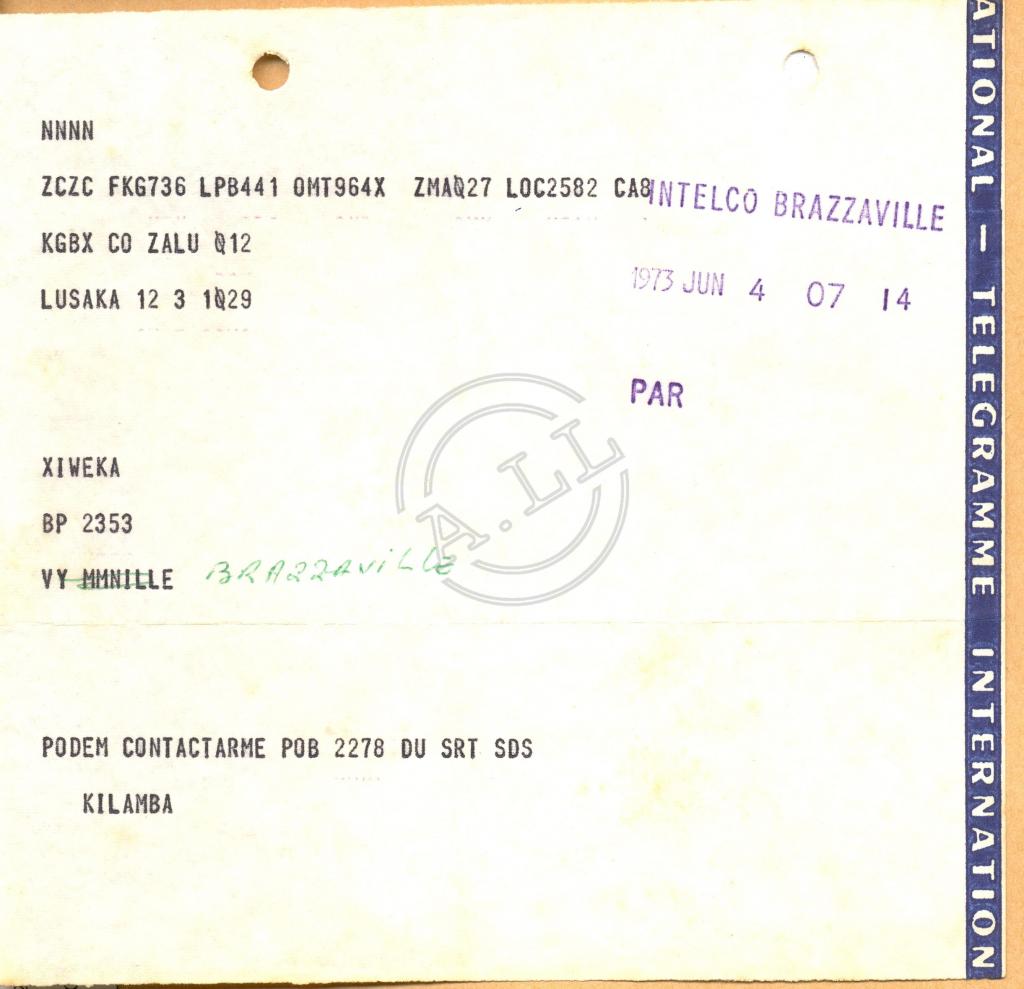 Telegrama de Kilamba a Tchiweka