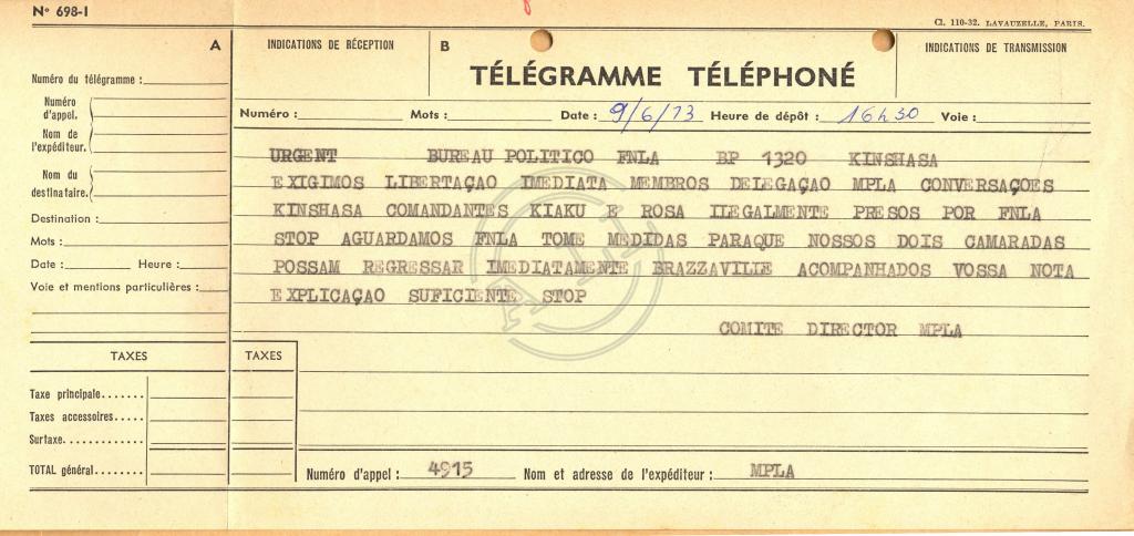 Telegrama do CD do MPLA ao BP da FNLA