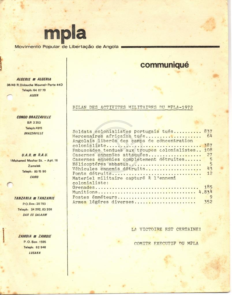 Bilan des activités militaires du MPLA – 1972 - 1973